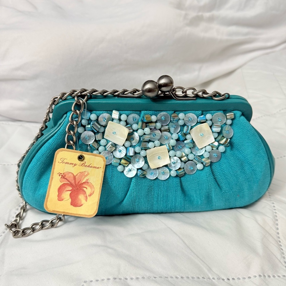 Tommy Bahama Bali Bead Clutch – Tropical Blue with Embellished Beading NWT